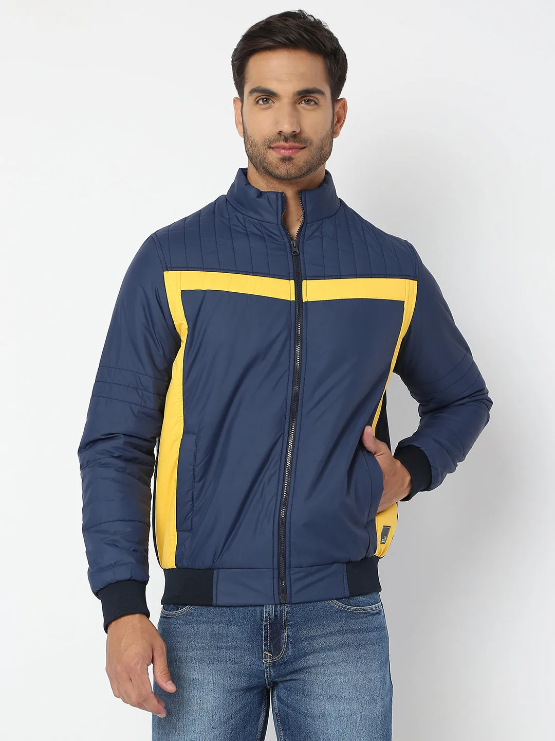 Spykar Men Navy & Yellow Nylon Regular Fit Jacket