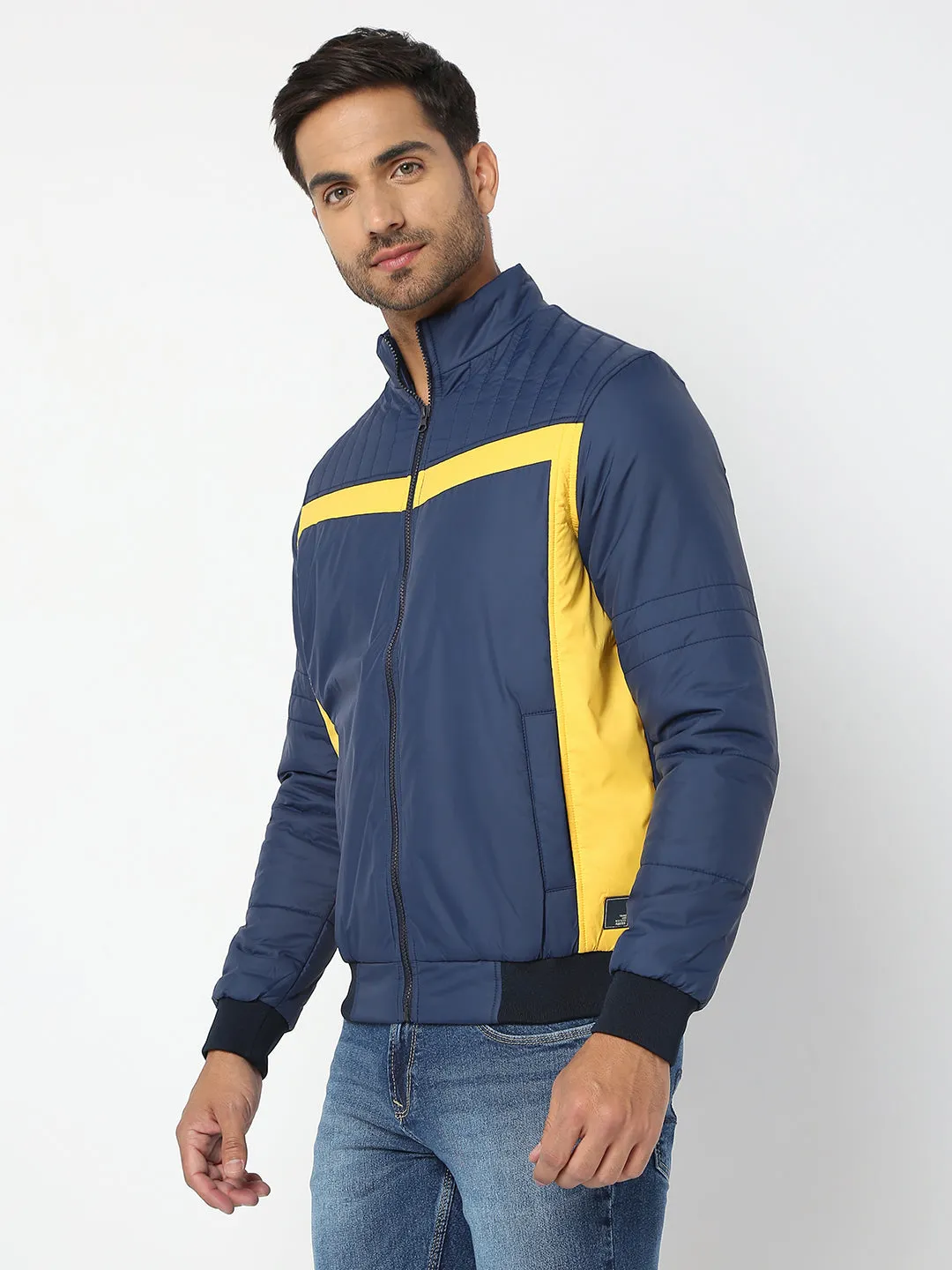 Spykar Men Navy & Yellow Nylon Regular Fit Jacket