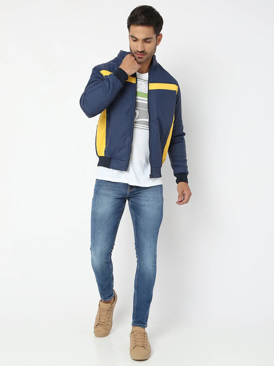 Spykar Men Navy & Yellow Nylon Regular Fit Jacket