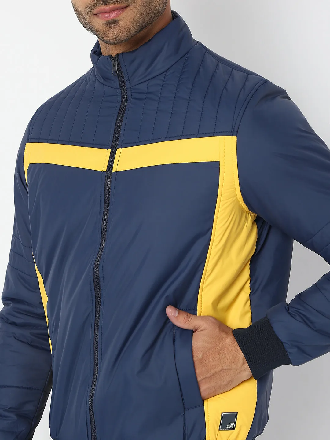 Spykar Men Navy & Yellow Nylon Regular Fit Jacket