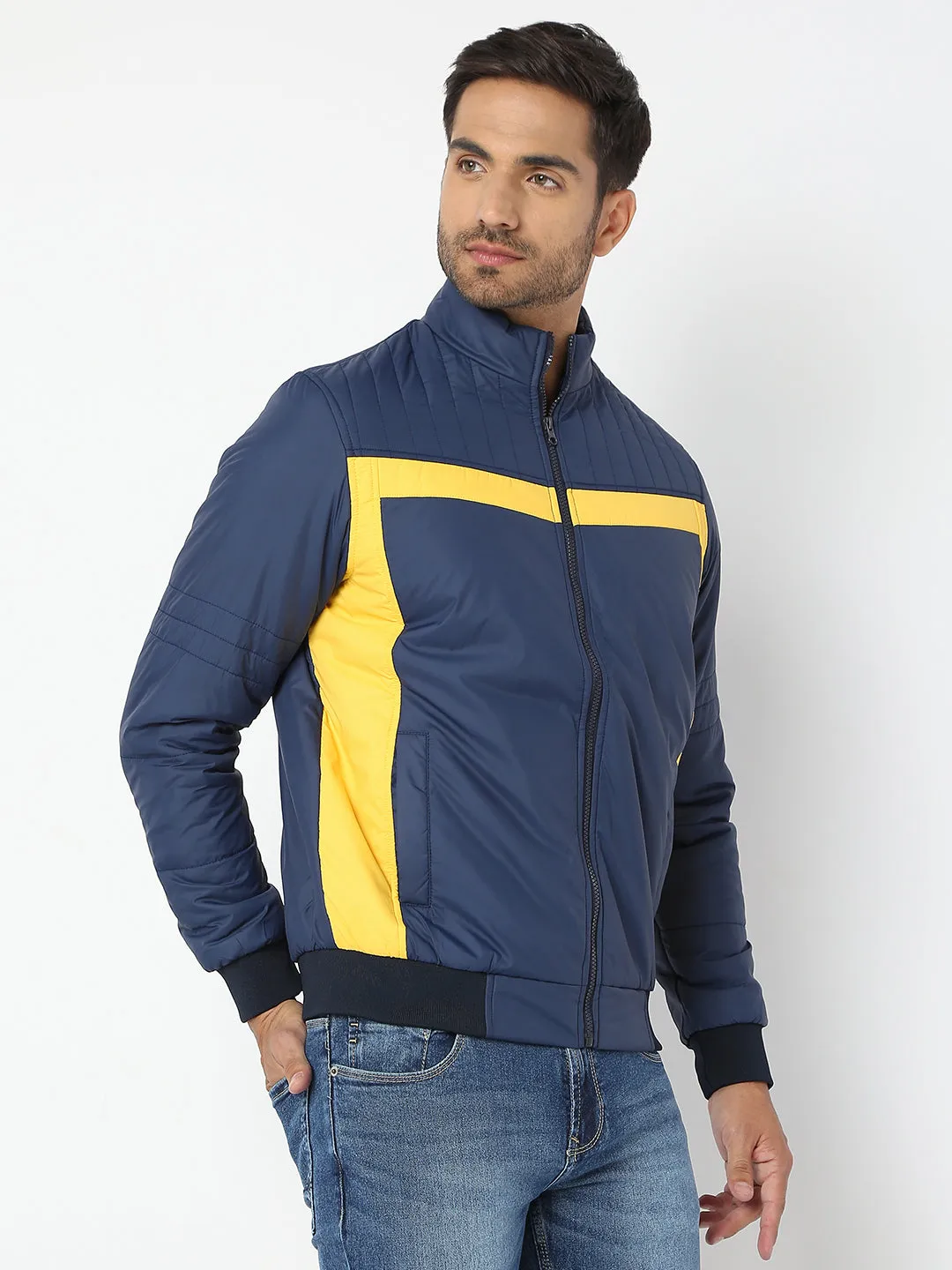 Spykar Men Navy & Yellow Nylon Regular Fit Jacket