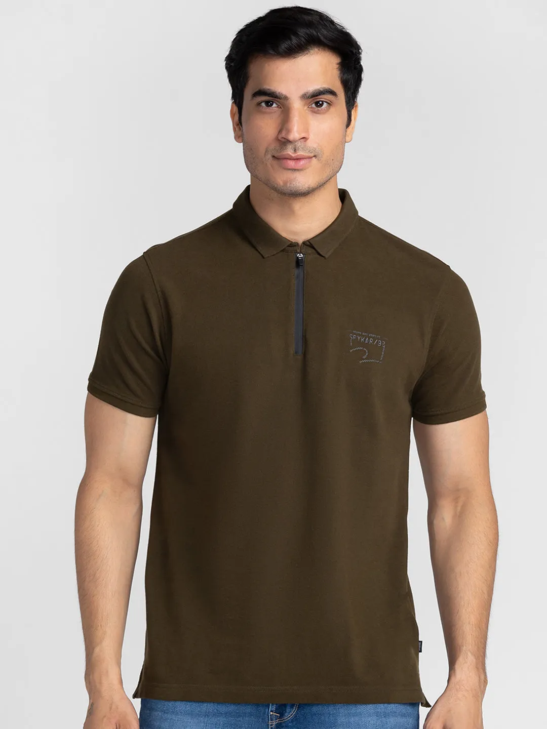 Spykar Men Olive Green Cotton Slim Fit Polo Printed T-Shirt