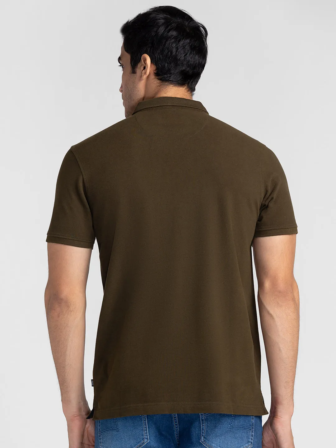 Spykar Men Olive Green Cotton Slim Fit Polo Printed T-Shirt