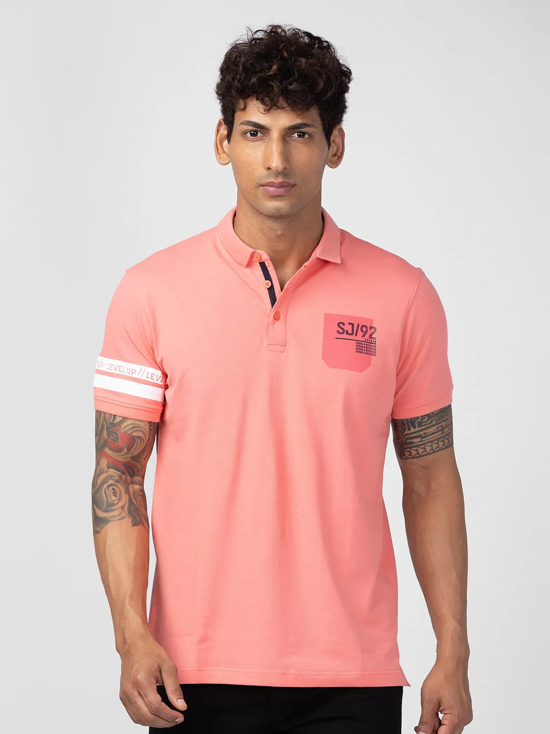 Spykar Men Pink Cotton Regular Fit Half Sleeve Plain Polo T-Shirt