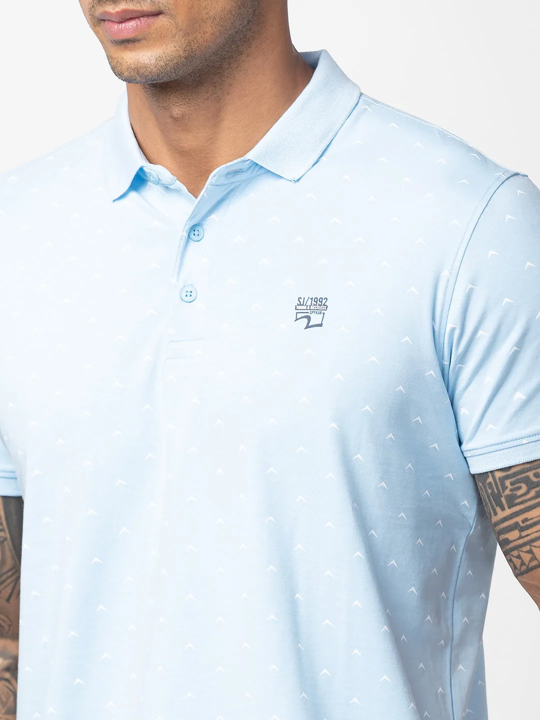 Spykar Men Powder Blue Cotton Regular Fit Half Sleeve Printed Polo T-Shirt