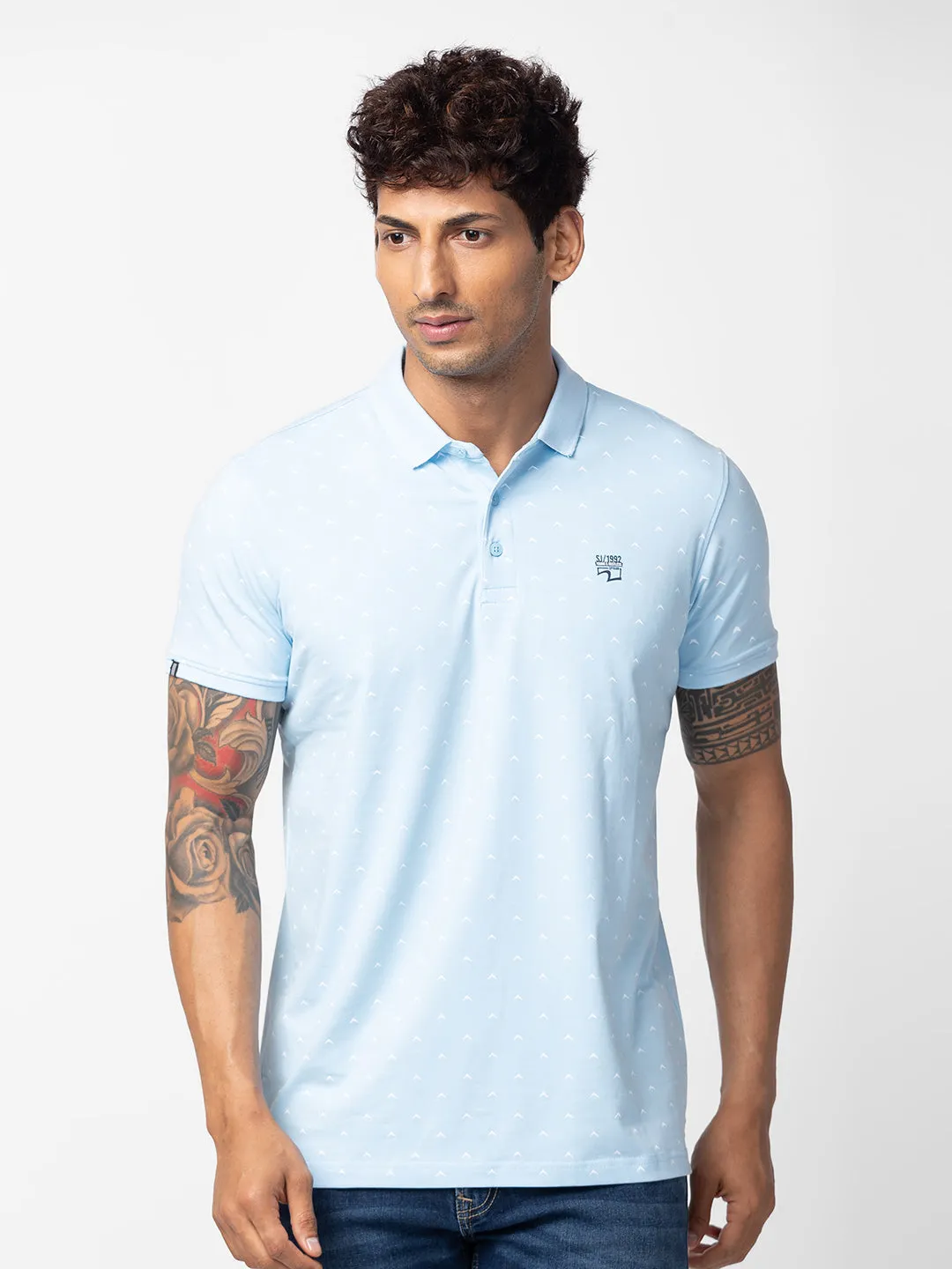 Spykar Men Powder Blue Cotton Regular Fit Half Sleeve Printed Polo T-Shirt