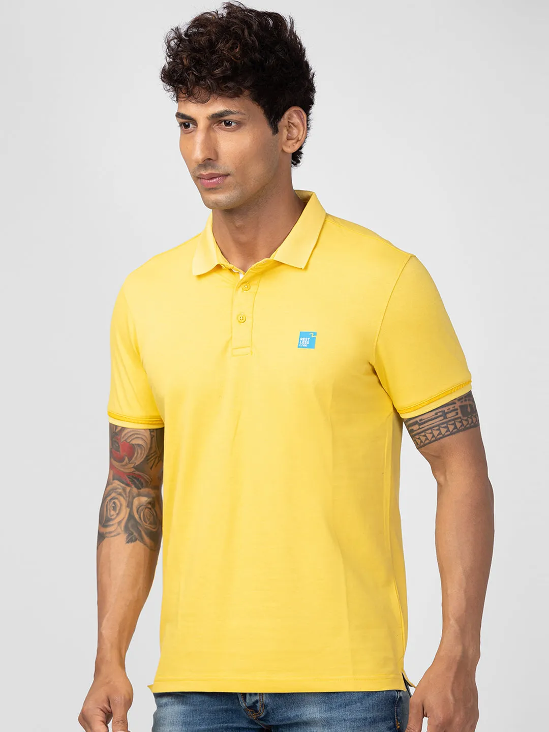 Spykar Men Powder Yellow Cotton Regular Fit Half Sleeve Plain Polo T-Shirt