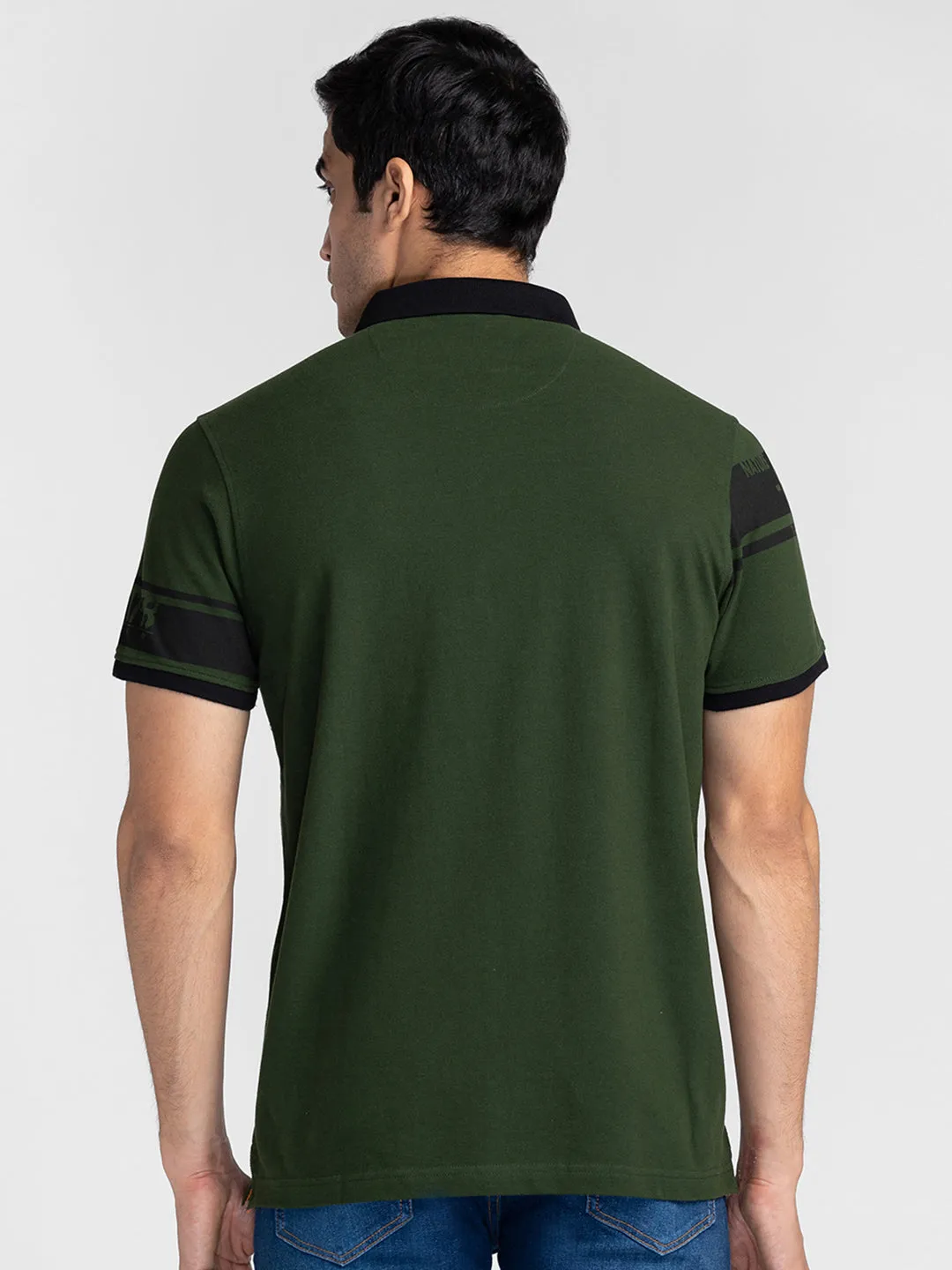 Spykar Men Rifle Green Cotton Slim Fit Polo Printed T-Shirt