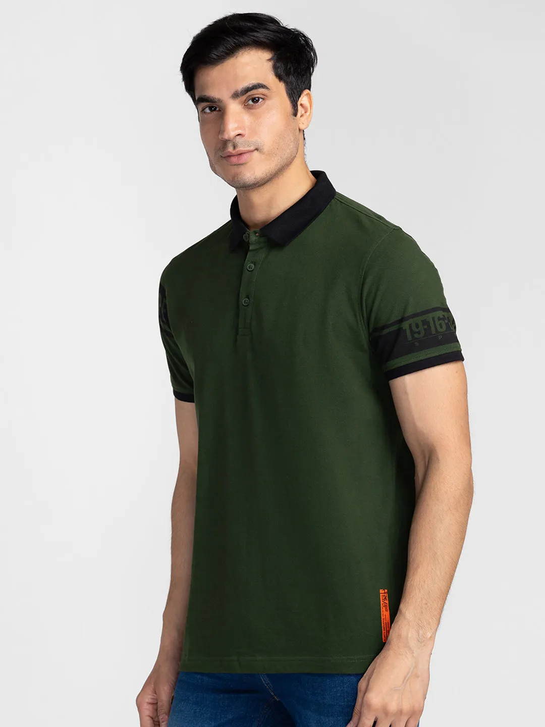 Spykar Men Rifle Green Cotton Slim Fit Polo Printed T-Shirt