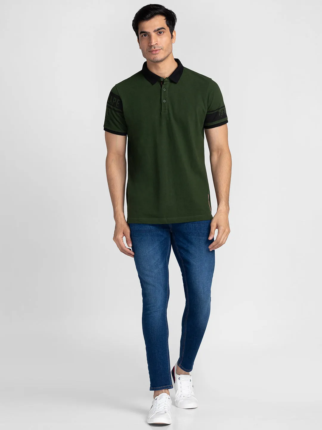 Spykar Men Rifle Green Cotton Slim Fit Polo Printed T-Shirt