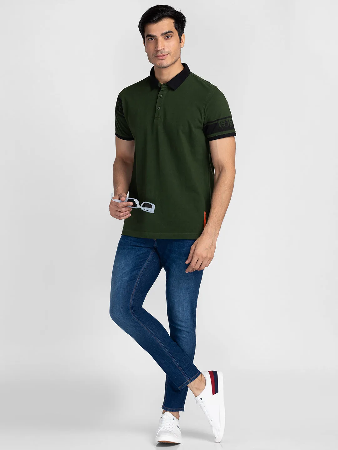 Spykar Men Rifle Green Cotton Slim Fit Polo Printed T-Shirt