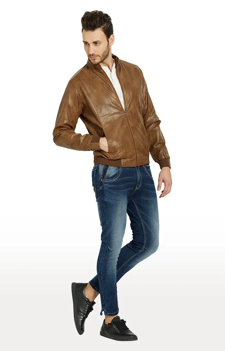 Spykar Men Tan Solid Regular Fit Leather Jacket