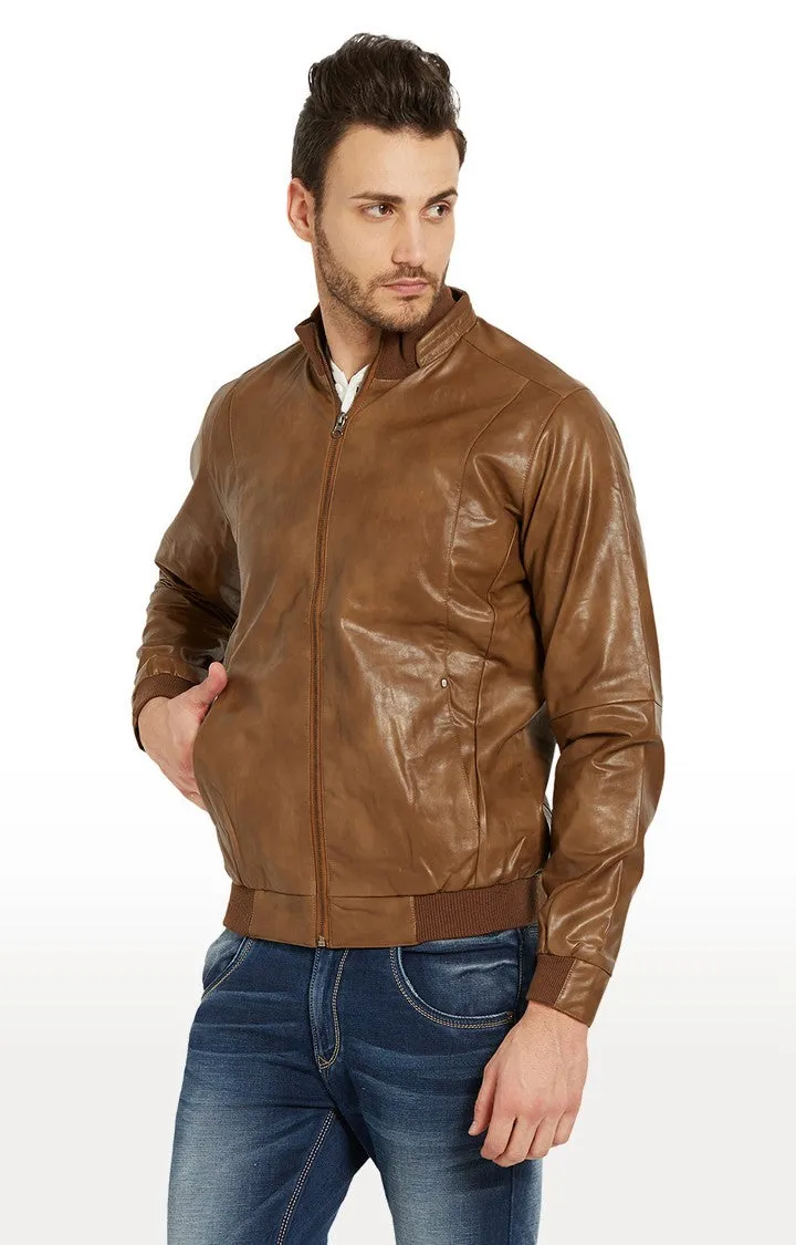 Spykar Men Tan Solid Regular Fit Leather Jacket