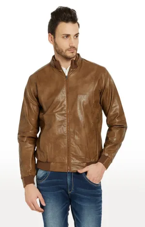 Spykar Men Tan Solid Regular Fit Leather Jacket