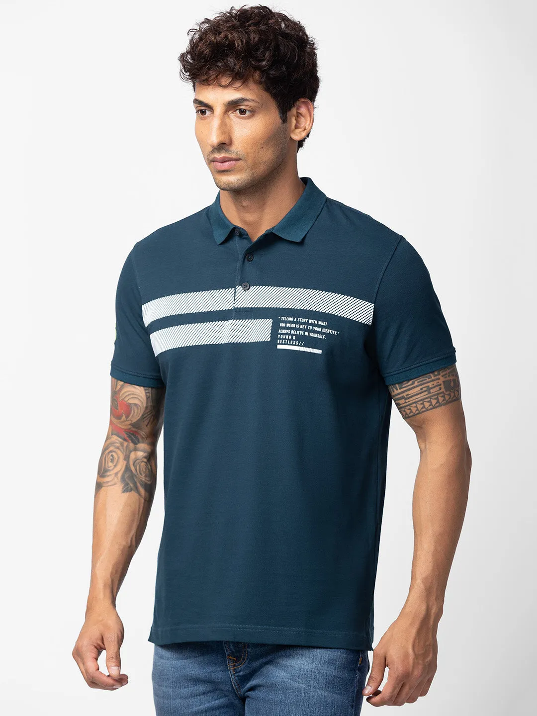 Spykar Men Teal Blue Cotton Regular Fit Half Sleeve Printed Polo T-Shirt