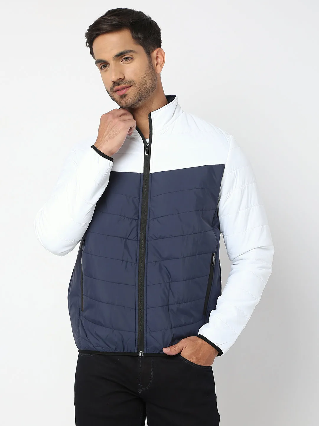 Spykar Men White & Navy Nylon Regular Fit Jacket