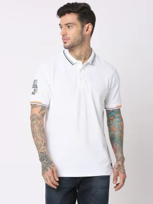 Spykar Men White Cotton Regular Fit Polo Plain T-Shirt