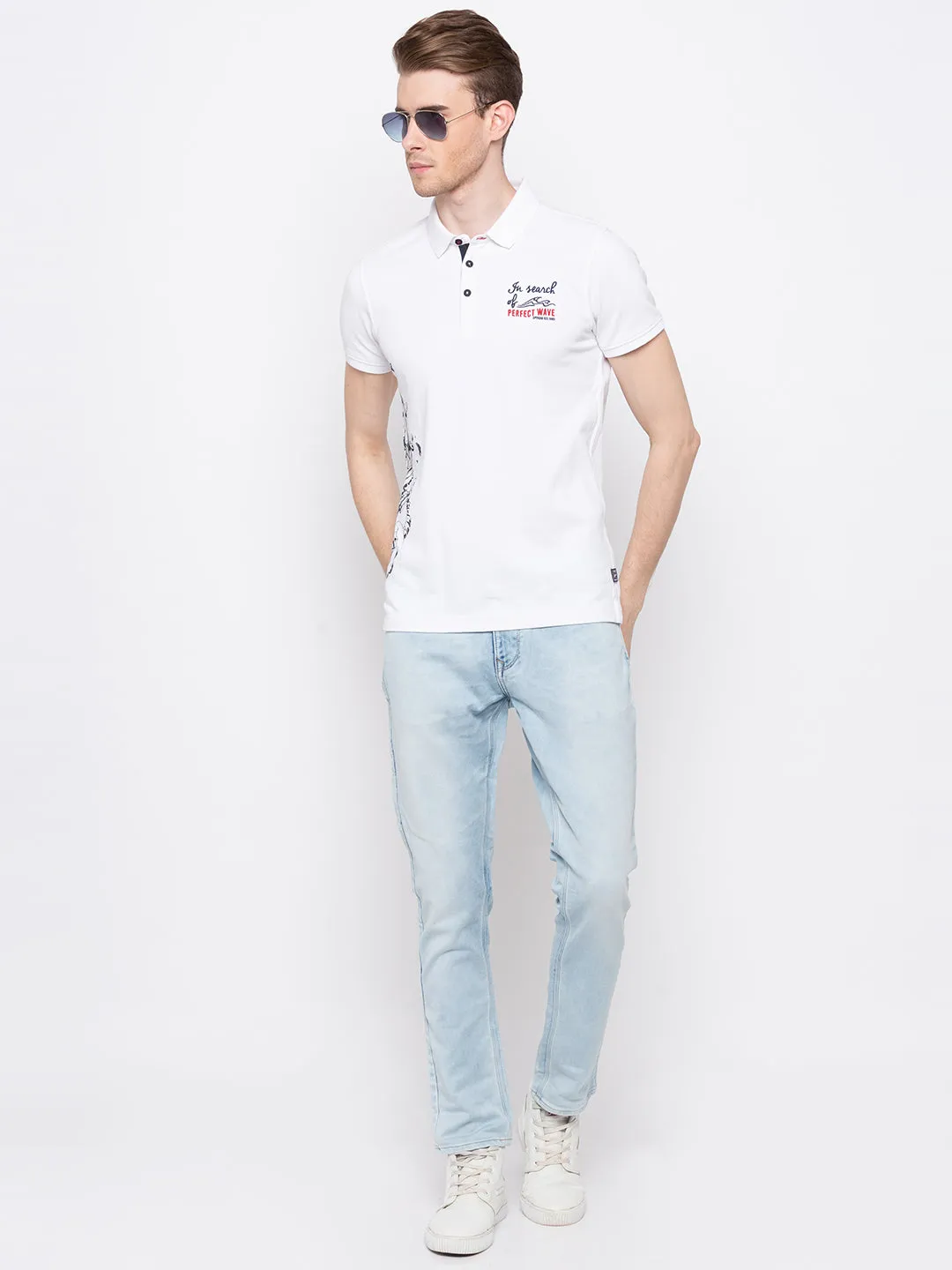 Spykar Men White Cotton Slim Fit Polo T-Shirt