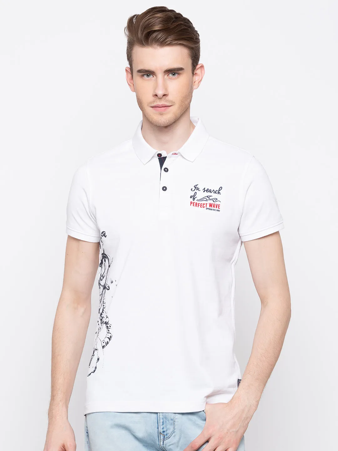 Spykar Men White Cotton Slim Fit Polo T-Shirt