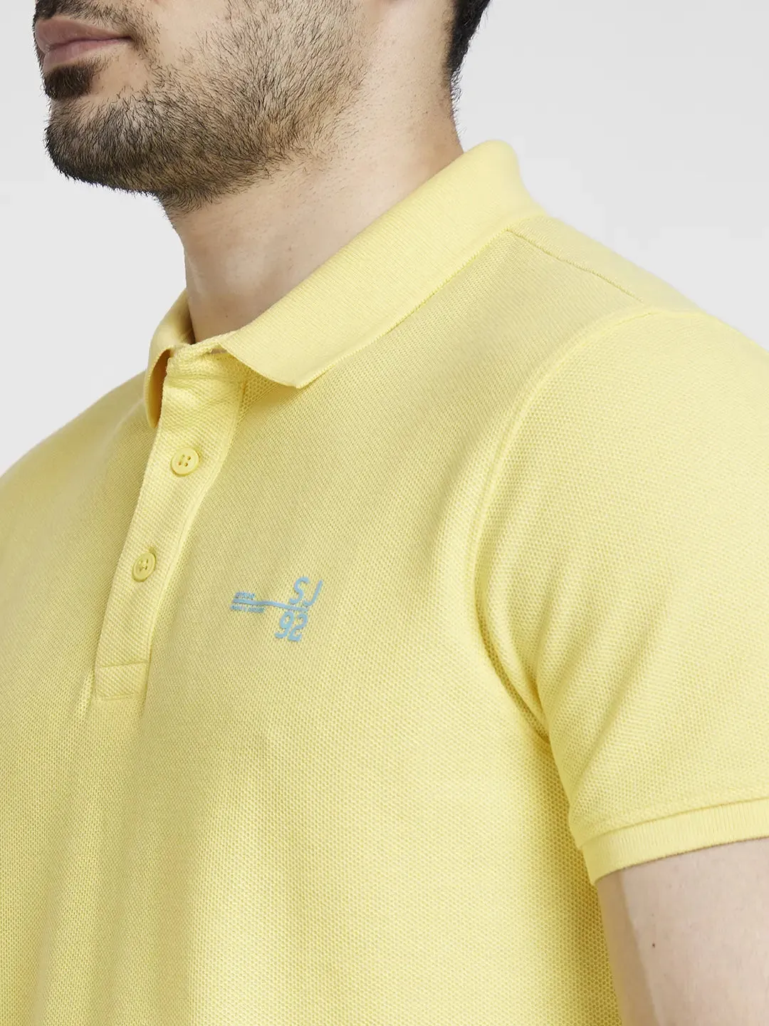 Spykar Men Yellow Cotton Slim Fit Plain Polo Tshirt