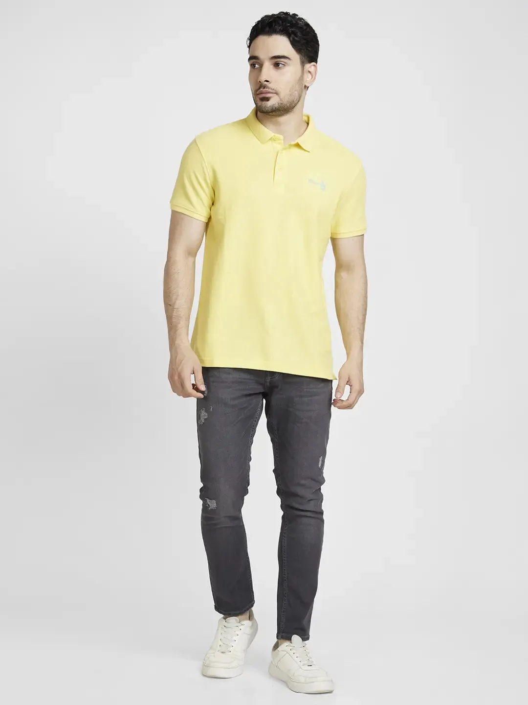 Spykar Men Yellow Cotton Slim Fit Plain Polo Tshirt