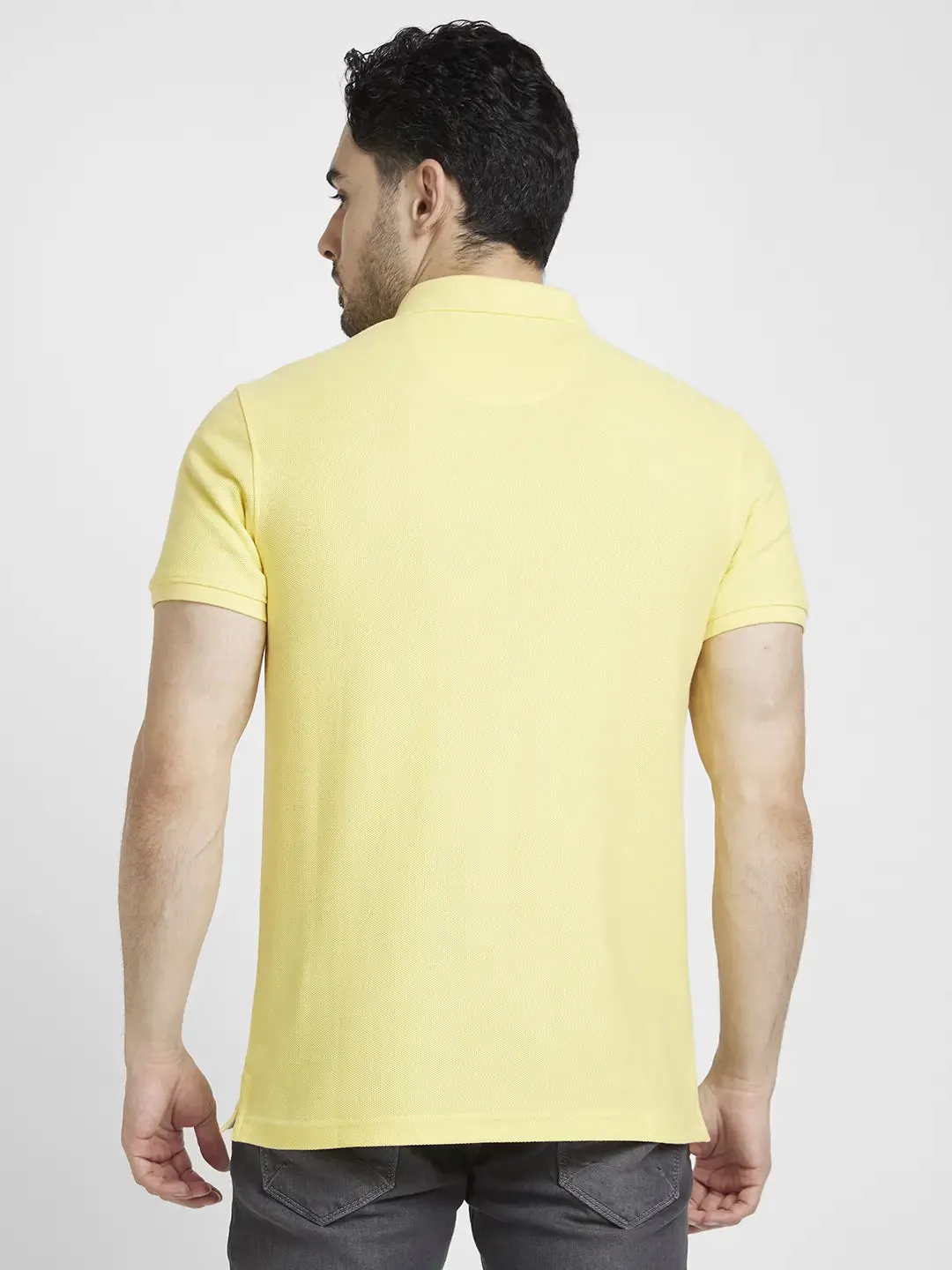 Spykar Men Yellow Cotton Slim Fit Plain Polo Tshirt