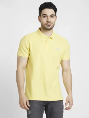 Spykar Men Yellow Cotton Slim Fit Plain Polo Tshirt