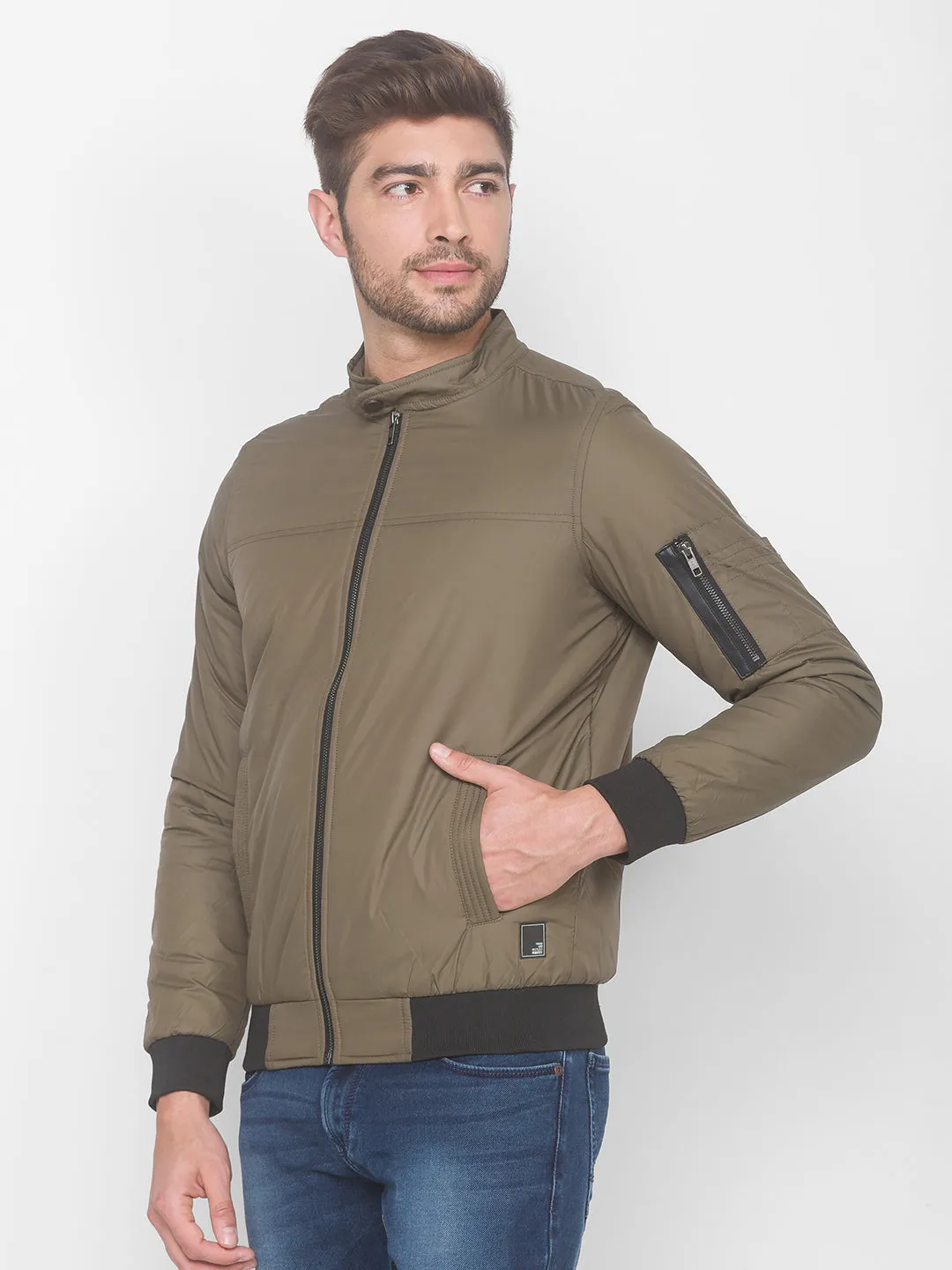 Spykar Olive Polyester Men Front Open Jacket