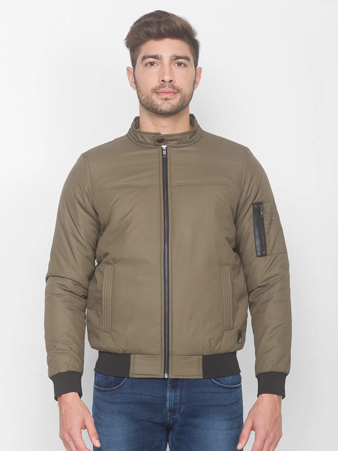 Spykar Olive Polyester Men Front Open Jacket