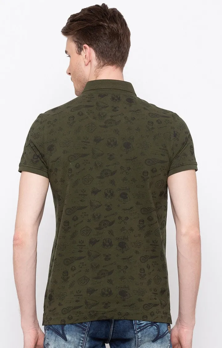 Spykar Olive Printed Slim Fit Polo T-Shirt