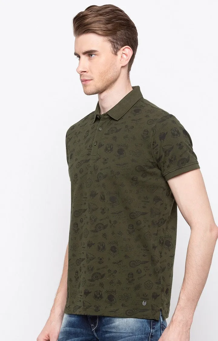 Spykar Olive Printed Slim Fit Polo T-Shirt