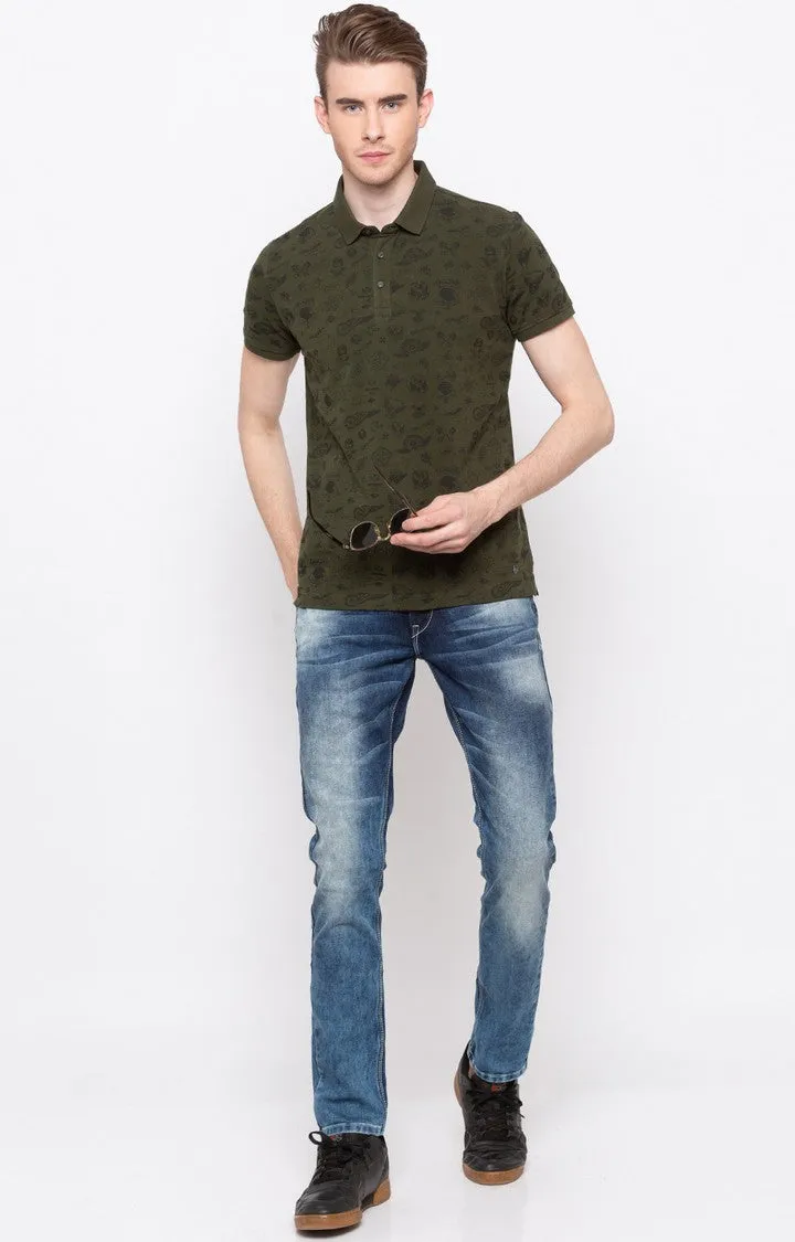 Spykar Olive Printed Slim Fit Polo T-Shirt