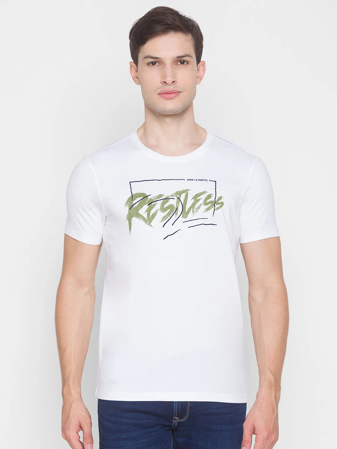 Spykar White Cotton Men T-Shirt