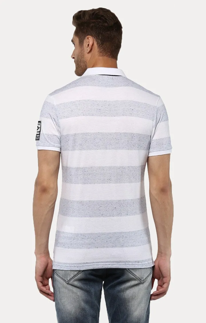 Spykar White Striped Slim Fit Polo T-Shirt