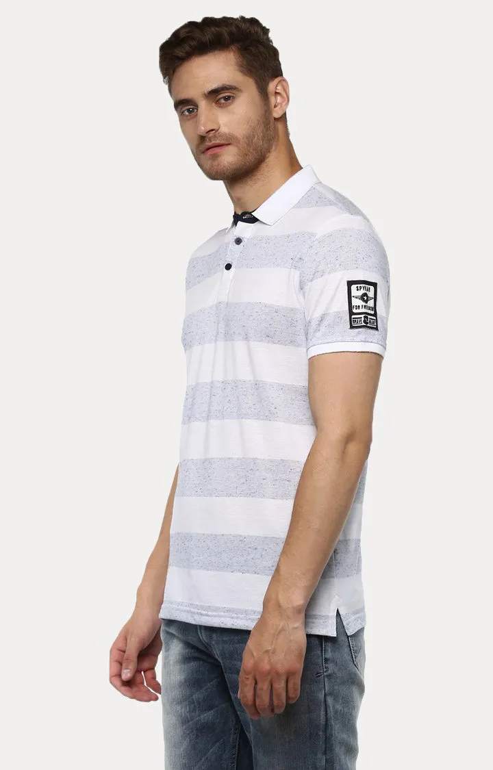 Spykar White Striped Slim Fit Polo T-Shirt