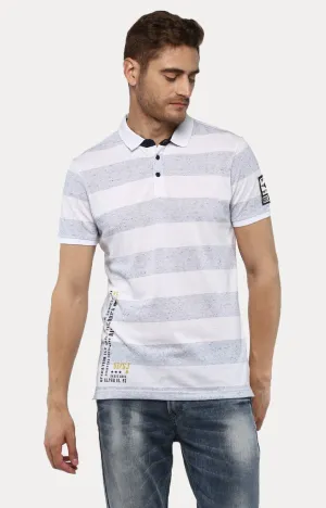 Spykar White Striped Slim Fit Polo T-Shirt