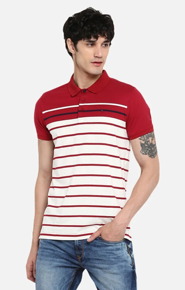 Spykar Wine and Red Striped Slim Fit Polo T-Shirt