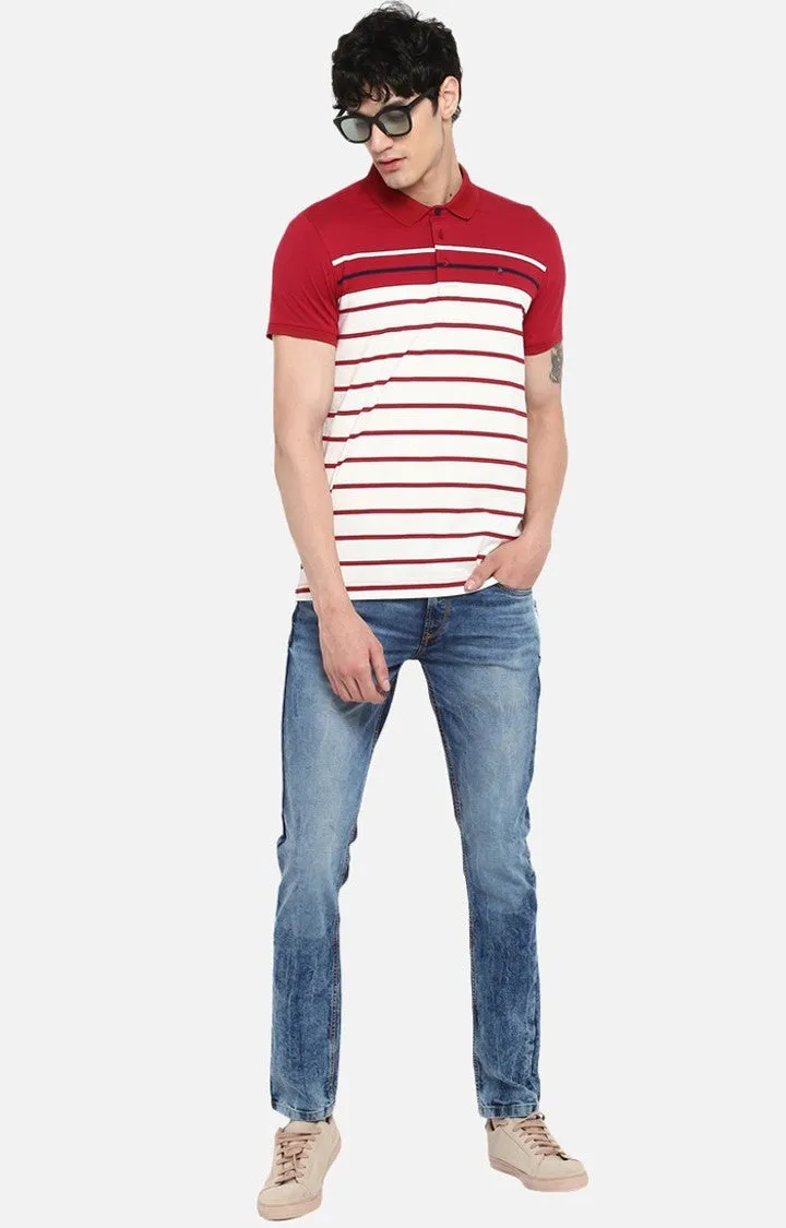 Spykar Wine and Red Striped Slim Fit Polo T-Shirt