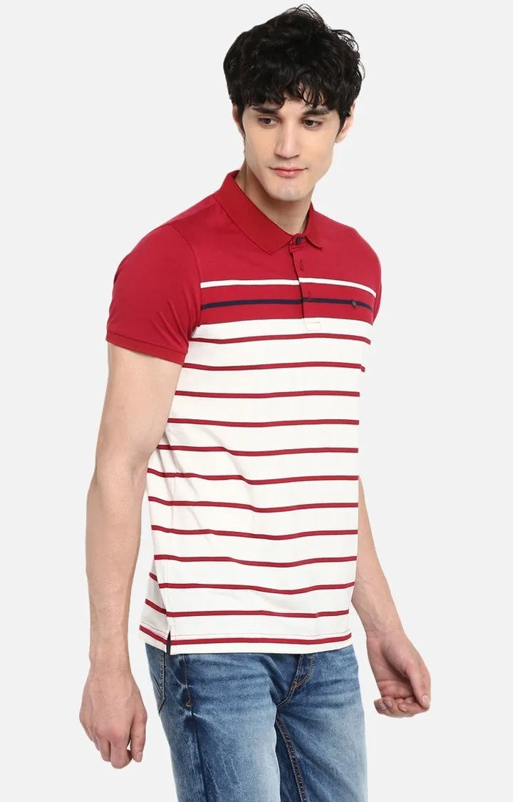 Spykar Wine and Red Striped Slim Fit Polo T-Shirt