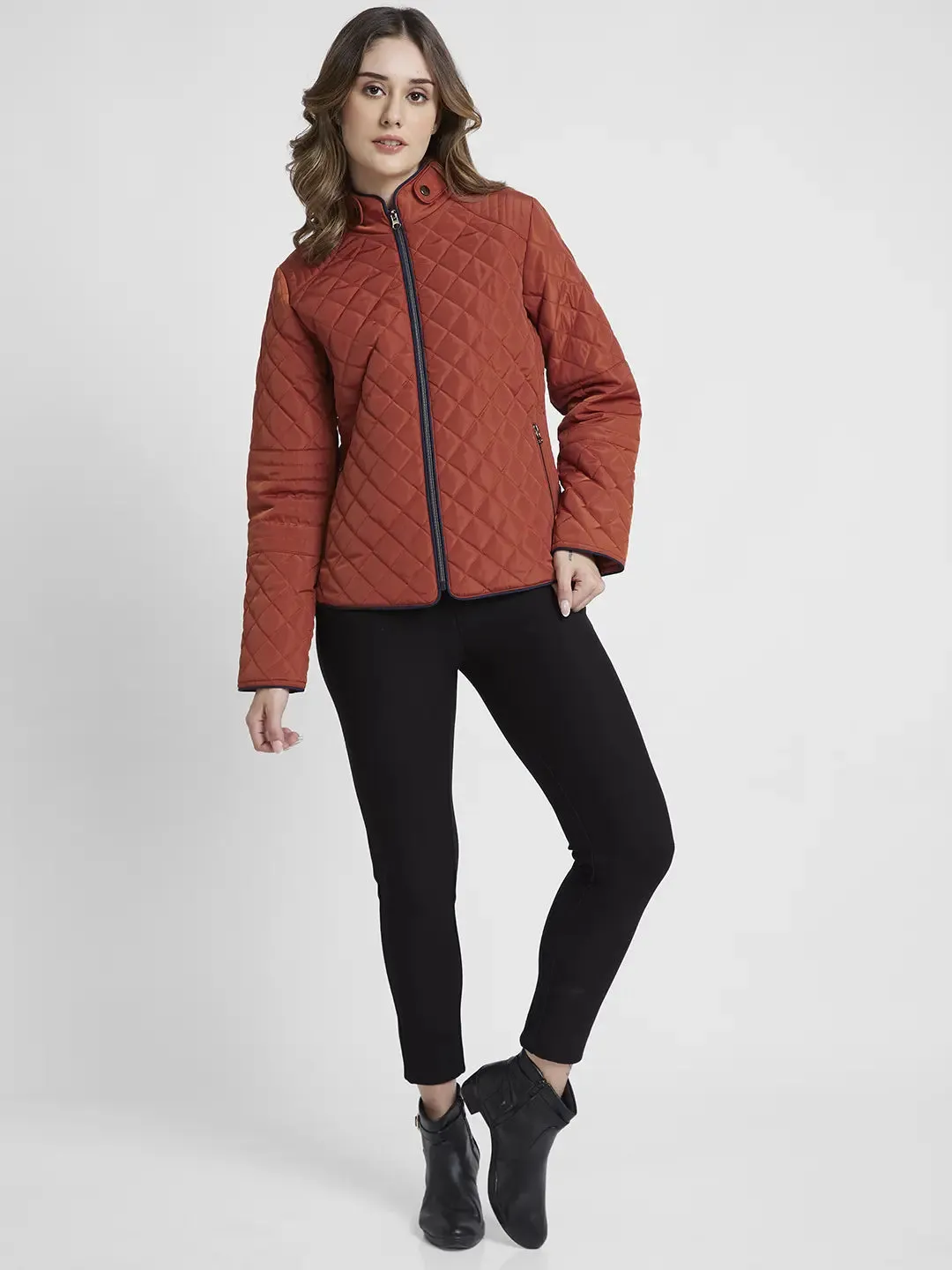 Spykar Women Rust Regular Fit High Neck Plain Jacket