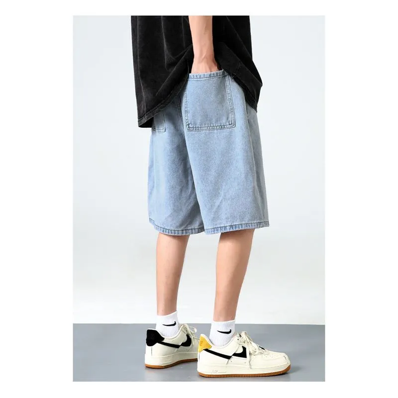 Straight Drawstring Waist Loose Fit Denim Waist Belt Shorts