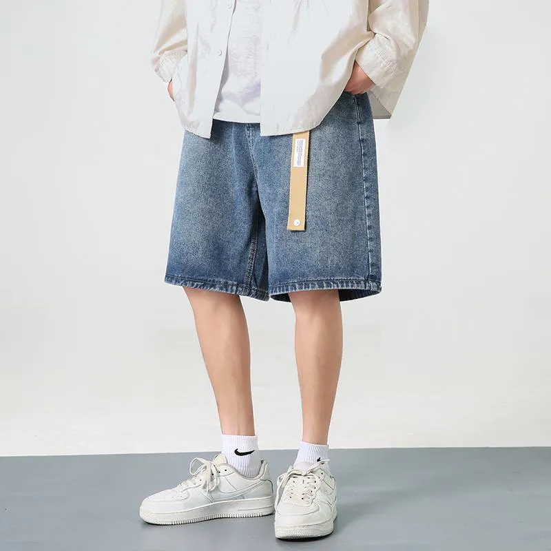 Straight Drawstring Waist Loose Fit Denim Waist Belt Shorts