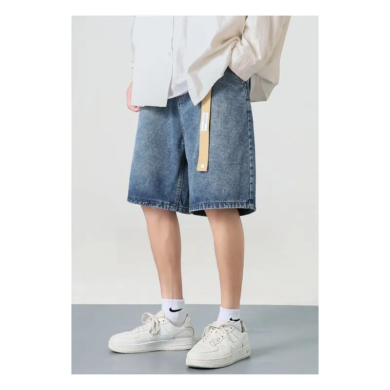 Straight Drawstring Waist Loose Fit Denim Waist Belt Shorts