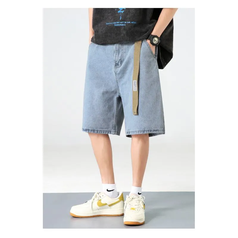 Straight Drawstring Waist Loose Fit Denim Waist Belt Shorts