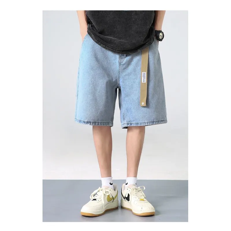 Straight Drawstring Waist Loose Fit Denim Waist Belt Shorts