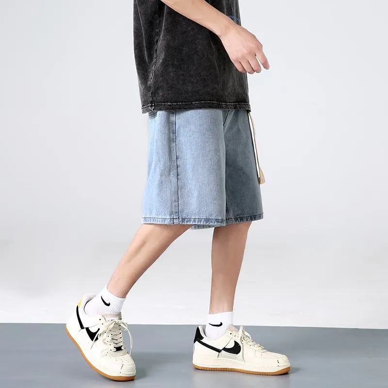 Straight Drawstring Waist Loose Fit Denim Waist Belt Shorts