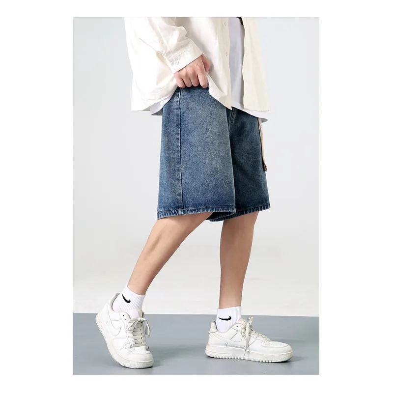 Straight Drawstring Waist Loose Fit Denim Waist Belt Shorts