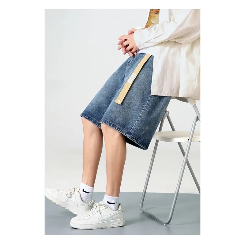 Straight Drawstring Waist Loose Fit Denim Waist Belt Shorts