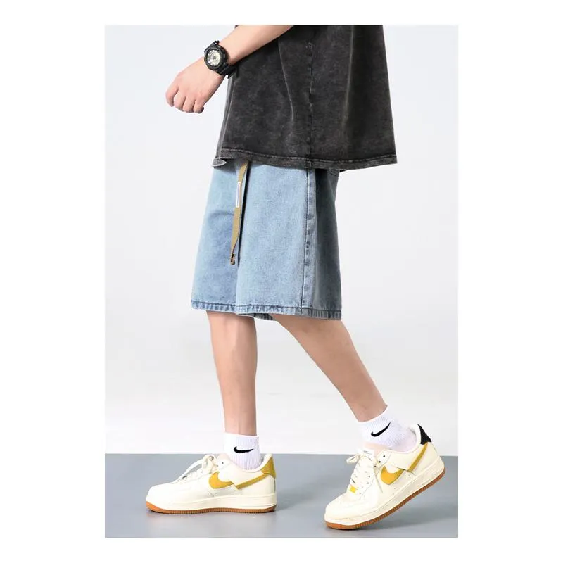 Straight Drawstring Waist Loose Fit Denim Waist Belt Shorts