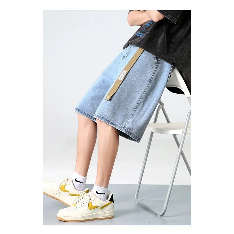 Straight Drawstring Waist Loose Fit Denim Waist Belt Shorts